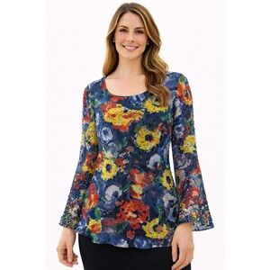 Alice + Olivia Womens Blouse M Sheer Floral Beaded Multicolor Lined Bell Sleeve